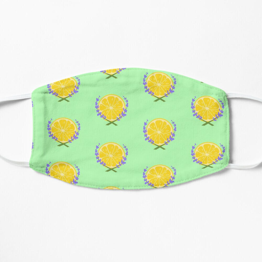 A green face mask with the Lavender Lemonade logo on it