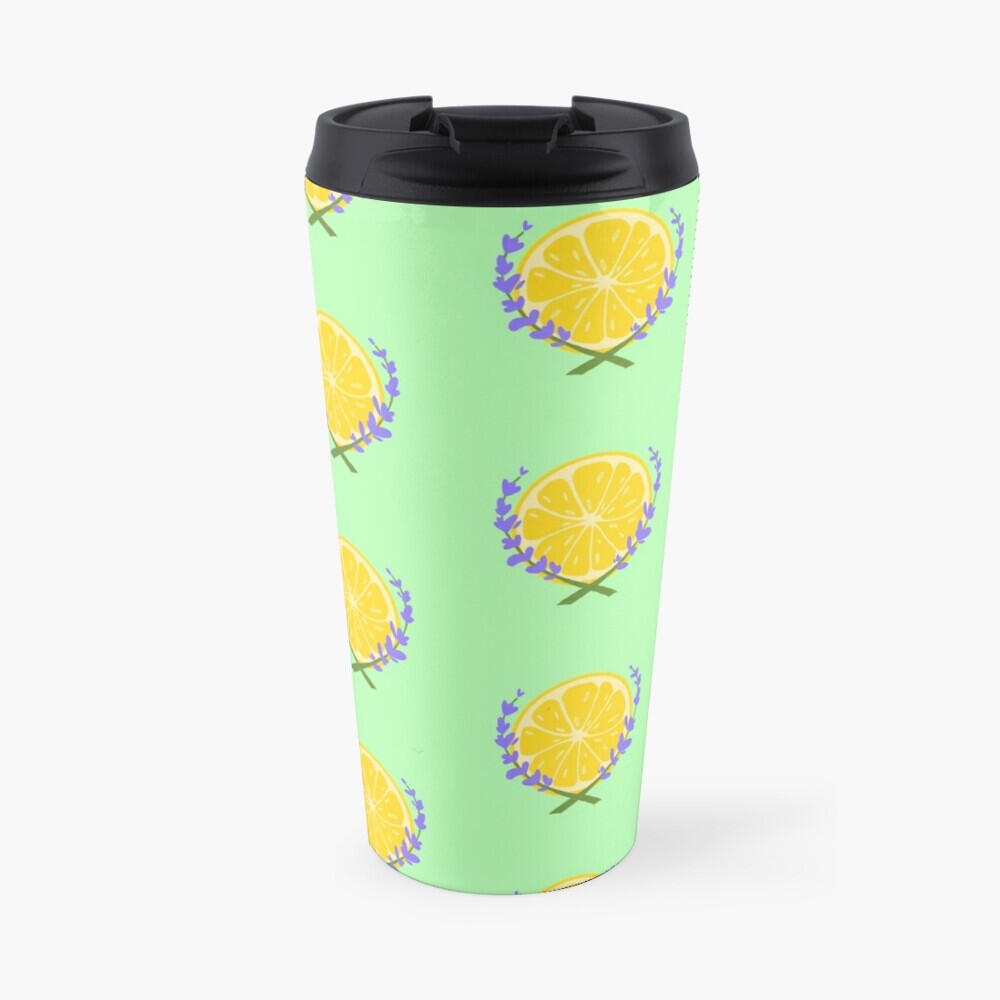 A green travel mug with the Lavender Lemonade Logo on it